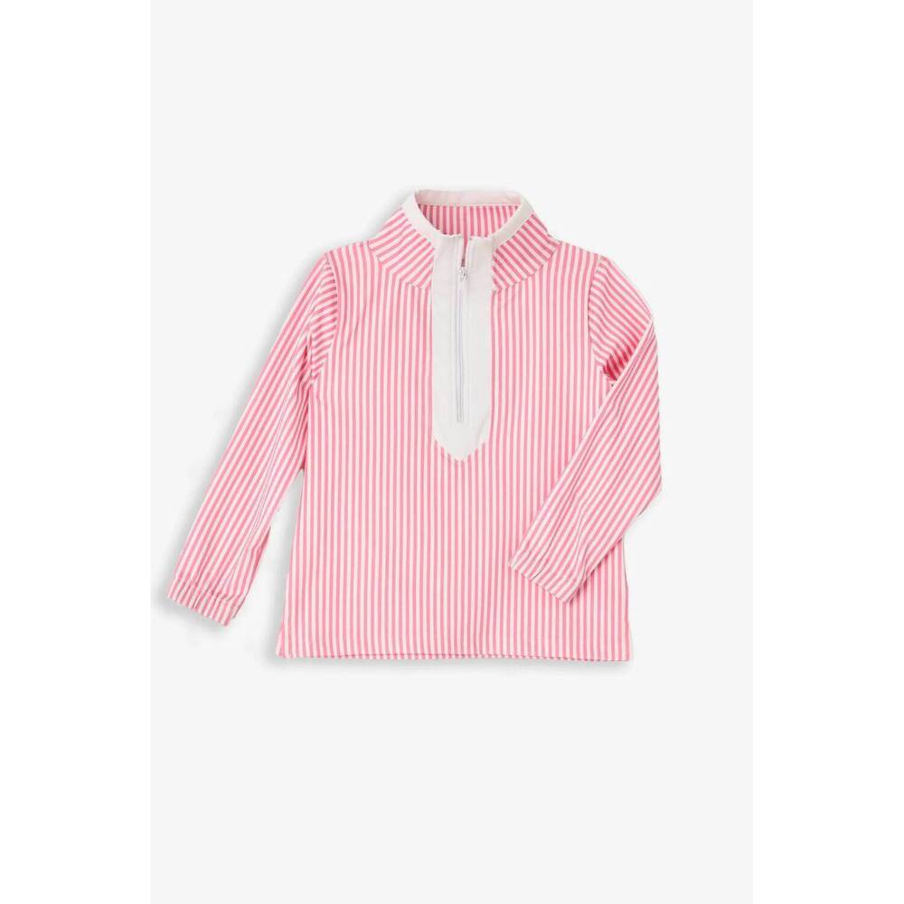 NEW DUFFIELD LANE girls tory quarter zip top in light pink seersucker stripe